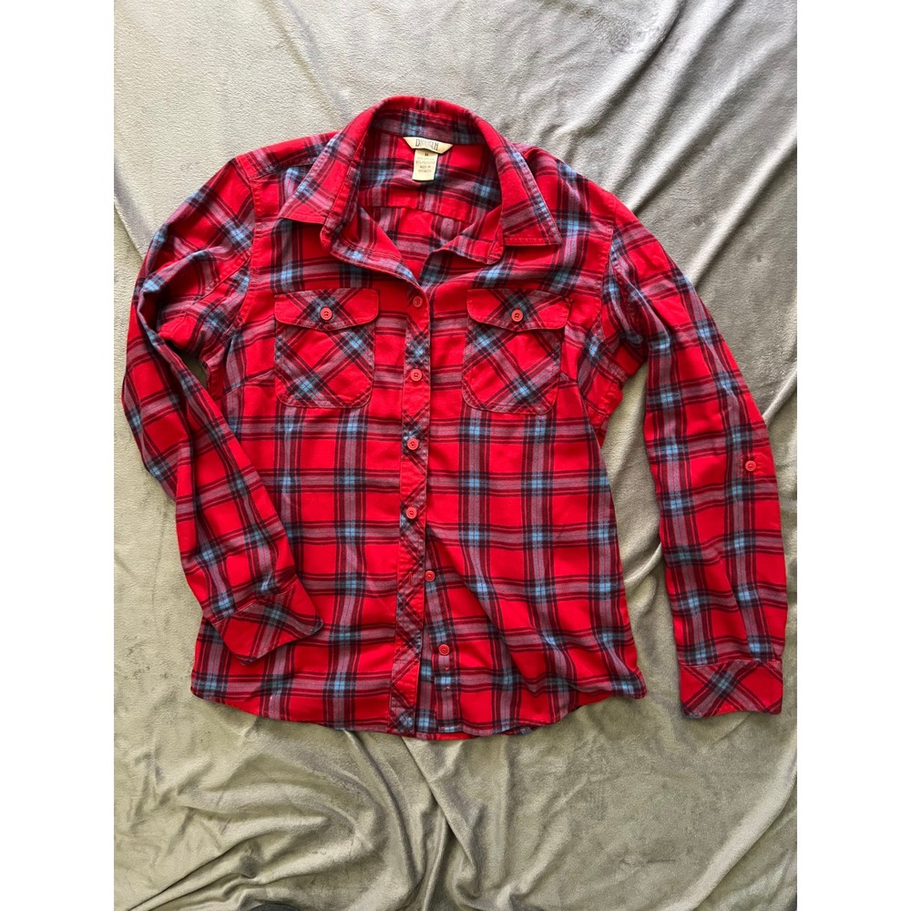 Duluth Trading Co Womens Red Blue Plaid Flannel  Shirt Roll Tab Sleeve M
